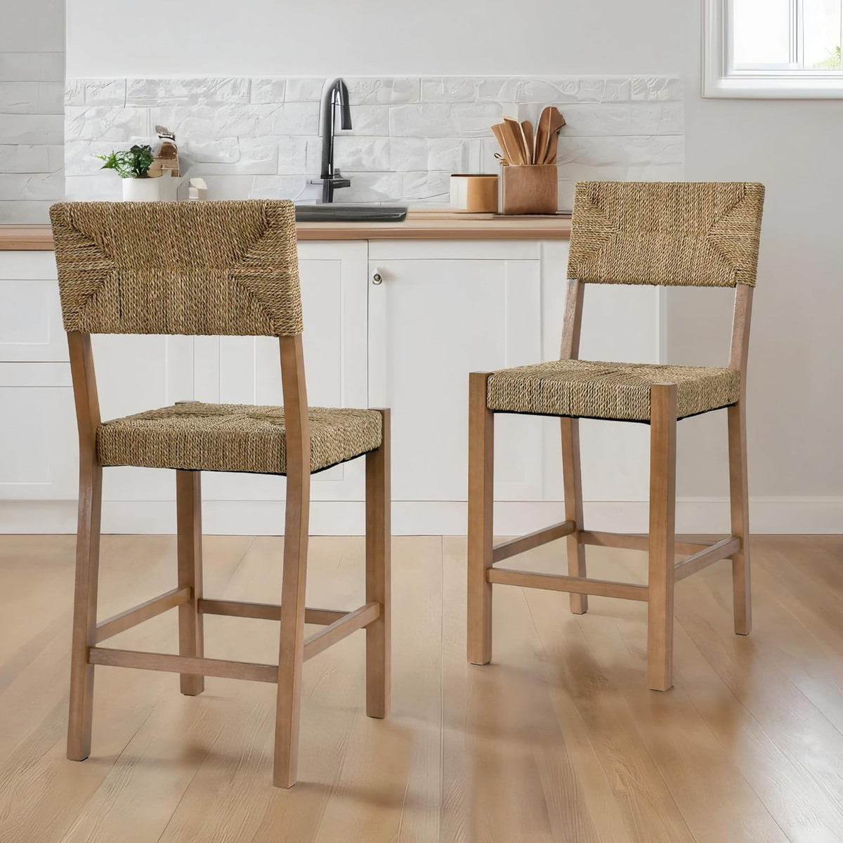 Rattan Bar Stools Set of 2, 24'' Bohemian