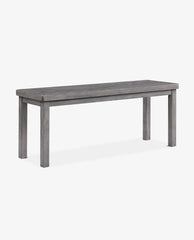 Two variants of the bench: lighter natural wood and gray-stained version in a showroom setup.