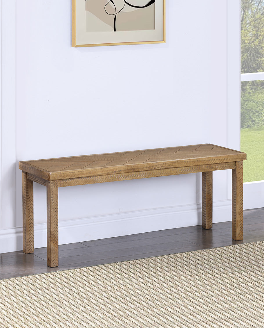 Gray-stained bench with one corner visible, showcasing simple rectangular legs.
