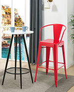 red metal barstool chairs
