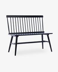 A black Kissimmee spindle love seat wood bench with a slatted backrest and solid seat