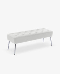 Long rectangular tufted bench with white faux leather and slender metal legs, ideal as an ottoman or bench.