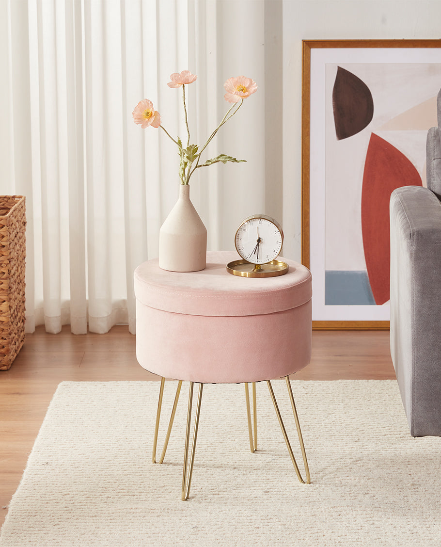 Duhome Round Storage Ottoman with Tray Velvet Vanity Makeup Stool Side Table End Table Footstool with Gold Metal Legs for Living Room, Gray Duhome Round Storage Ottoman with Tray Velvet Vanity Makeup Stool Side Table End Table Footstool with Gold Metal Legs for Living Room, Gray