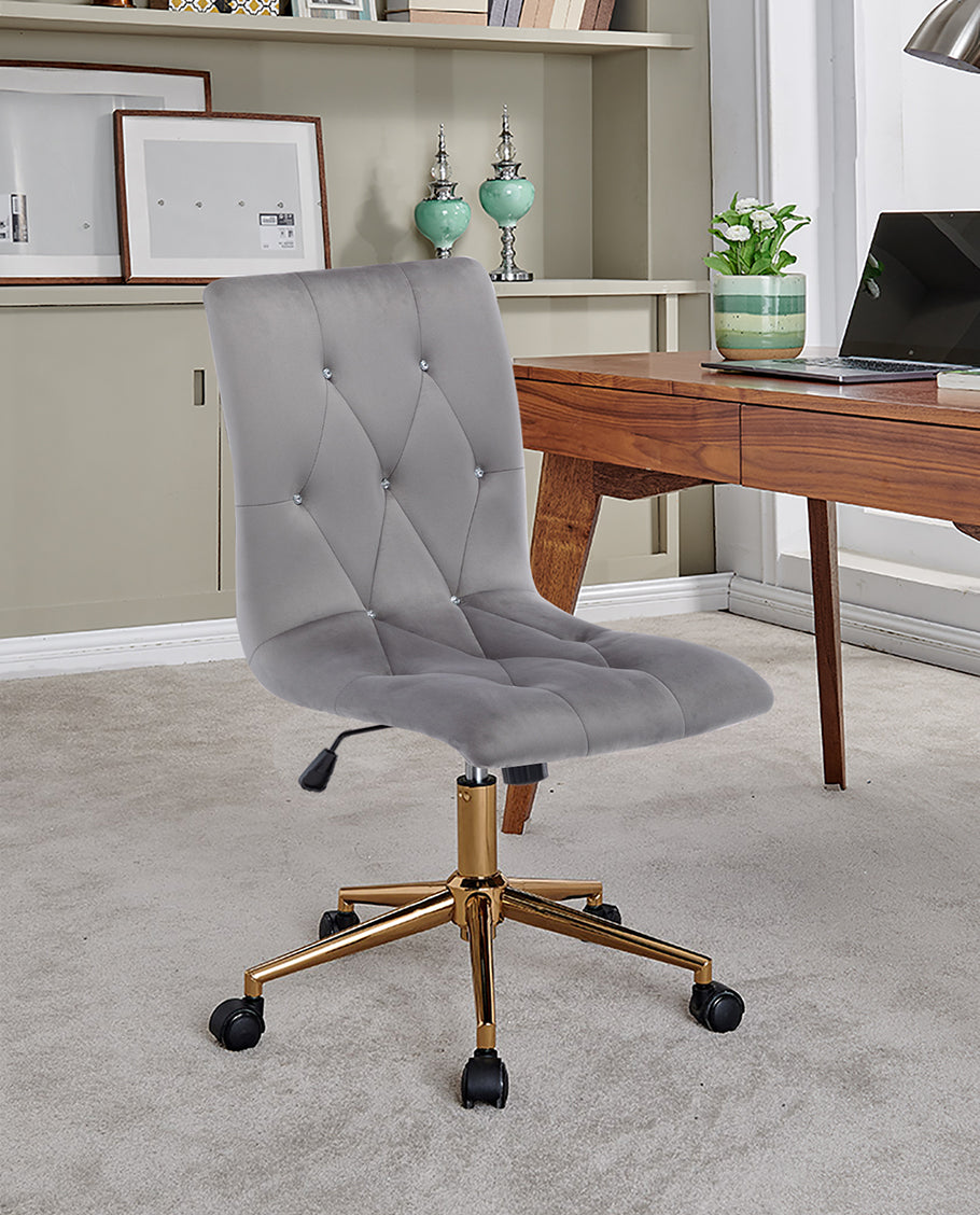 Gray tufted office chair back view showing vertical stitching and cushioning