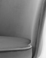 gray velvet barrel chair details